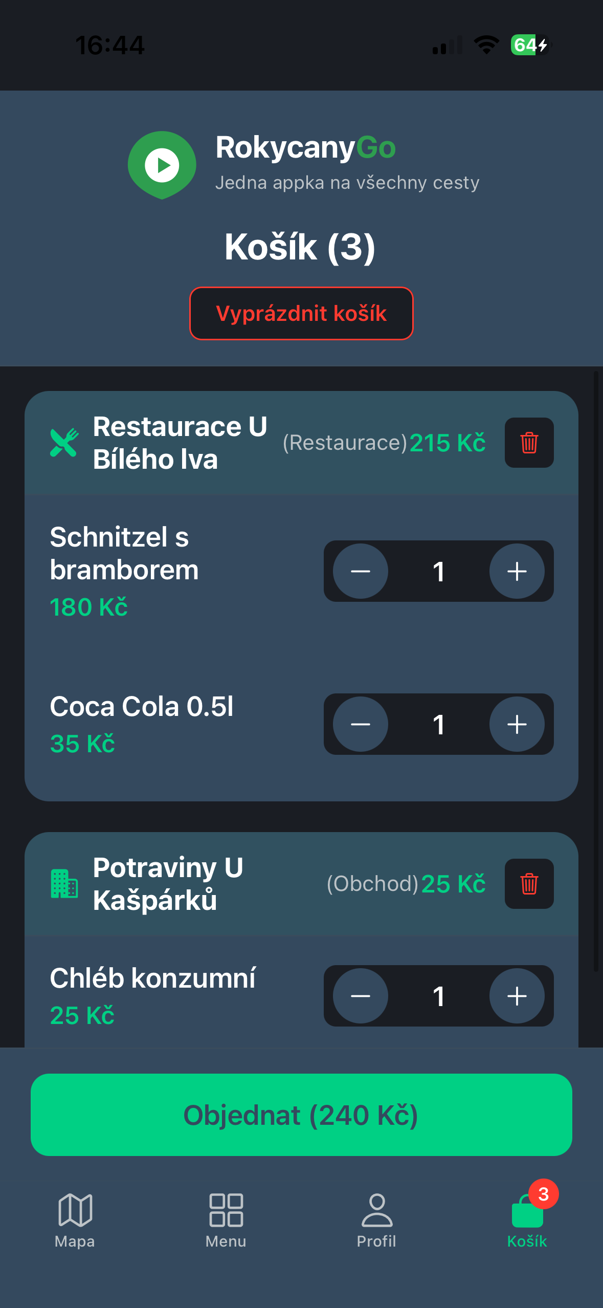 RokycanyGo – kosik s vybranými položkami a objednávka