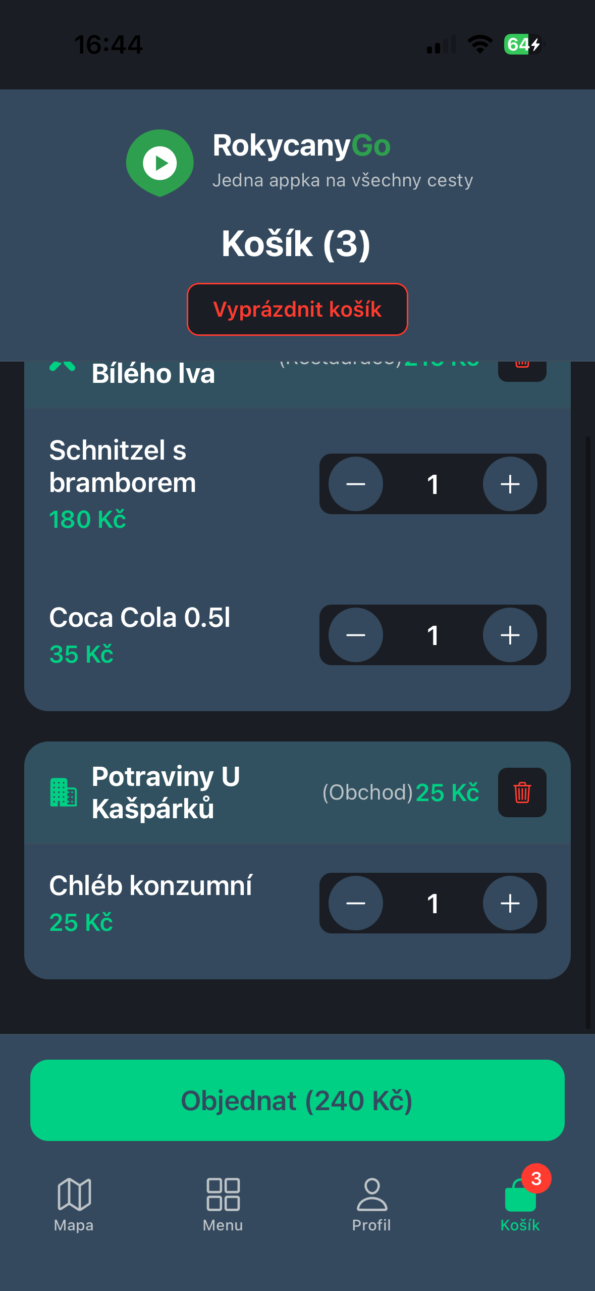 RokycanyGo – kosik s vybranými položkami a objednávka