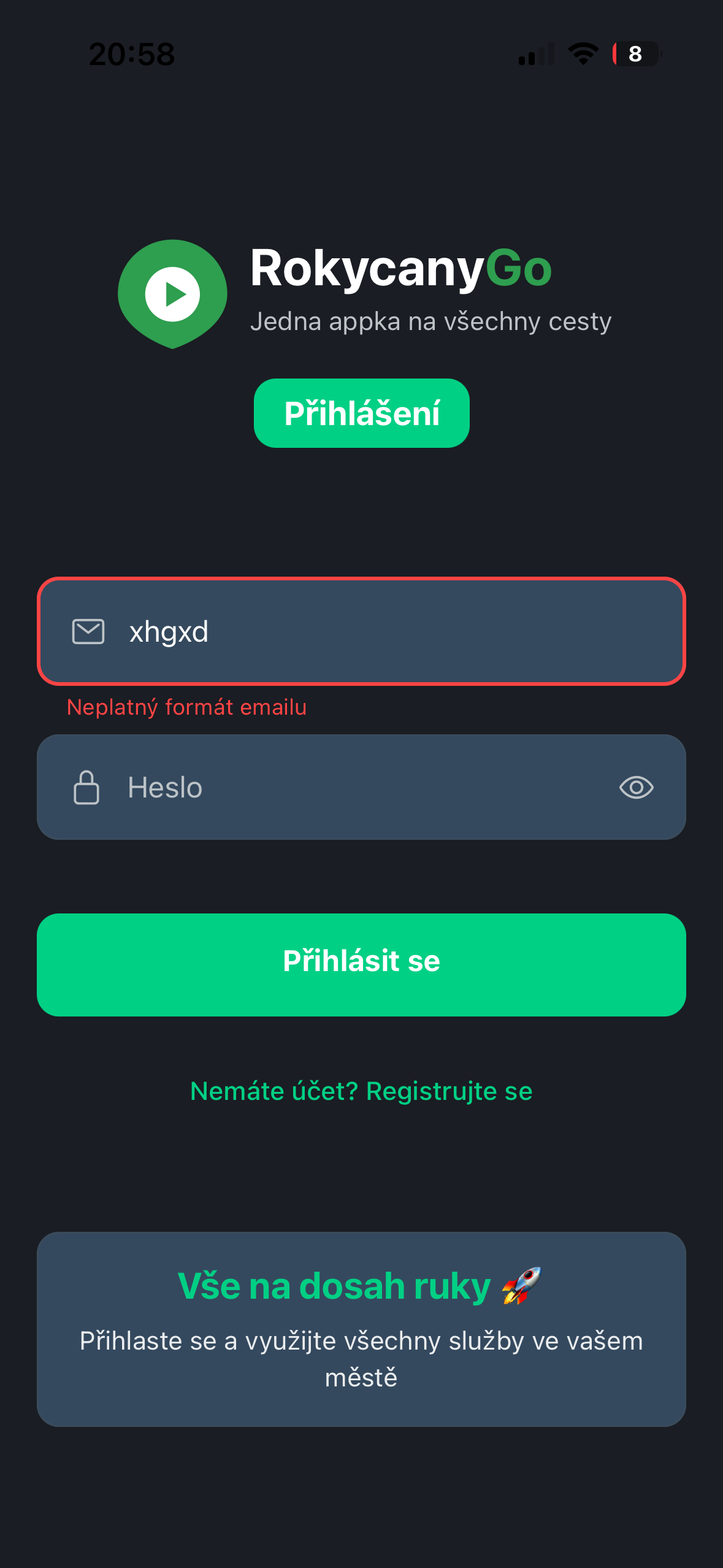 RokycanyGo – neuspesné přihlášení