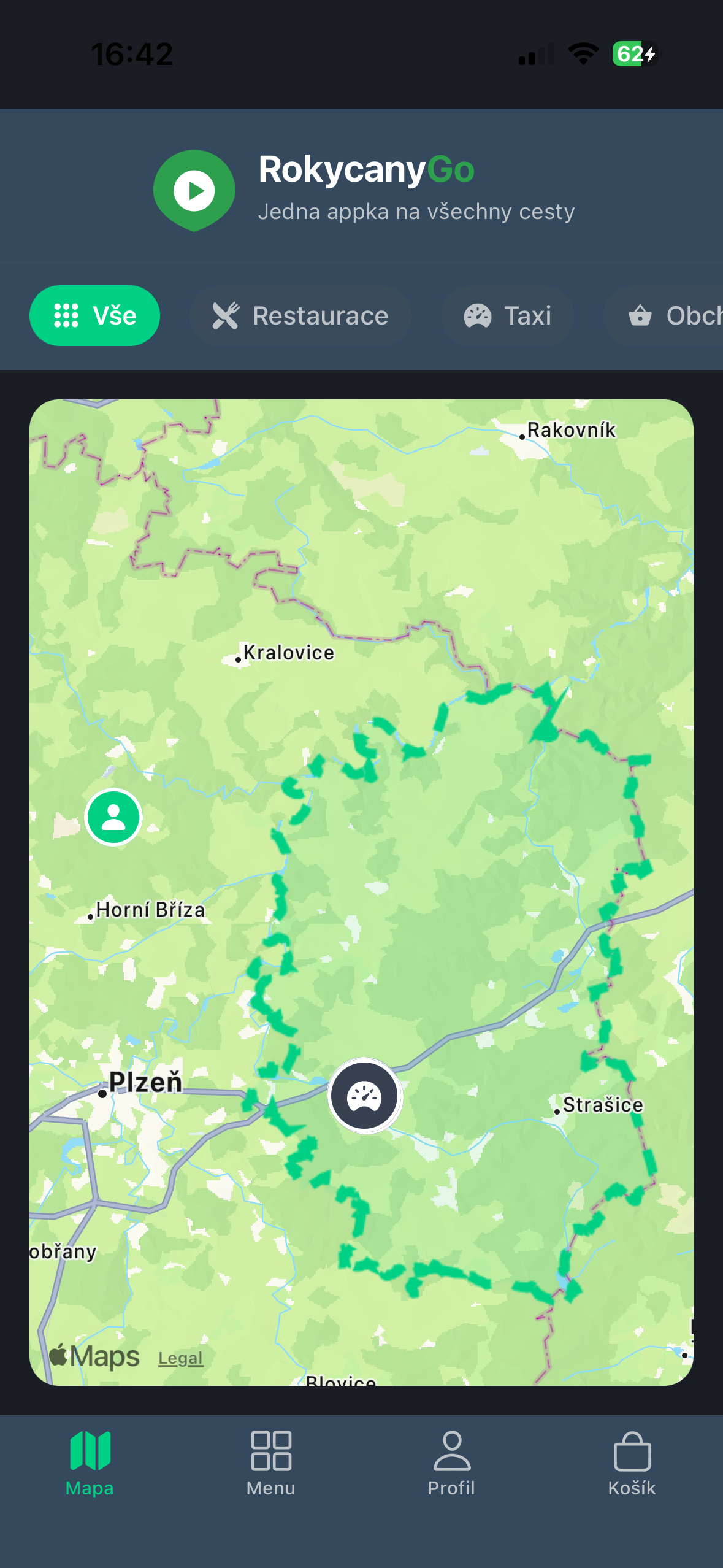 RokycanyGo – mapa s dostupnými službami a rozvozovou zónou