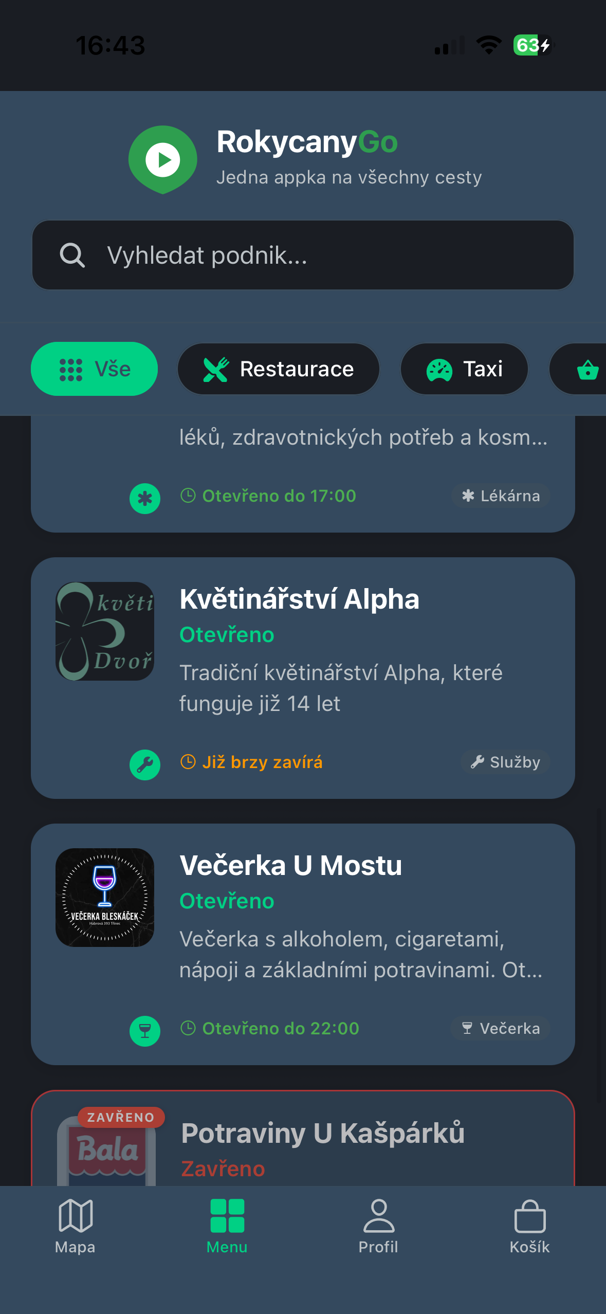 RokycanyGo – menu se seznamem služeb a partnerů