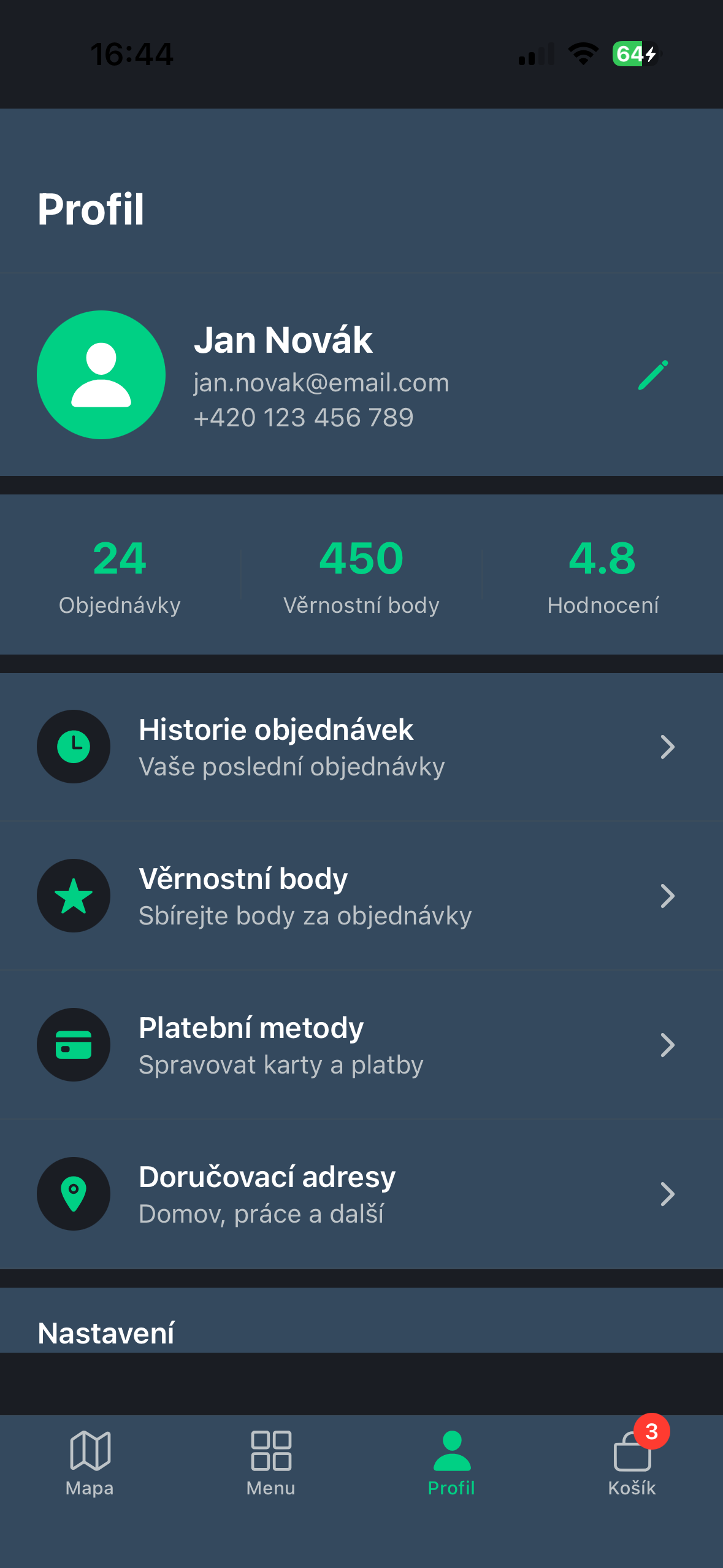 RokycanyGo – profil uživatele a nastavení aplikace
