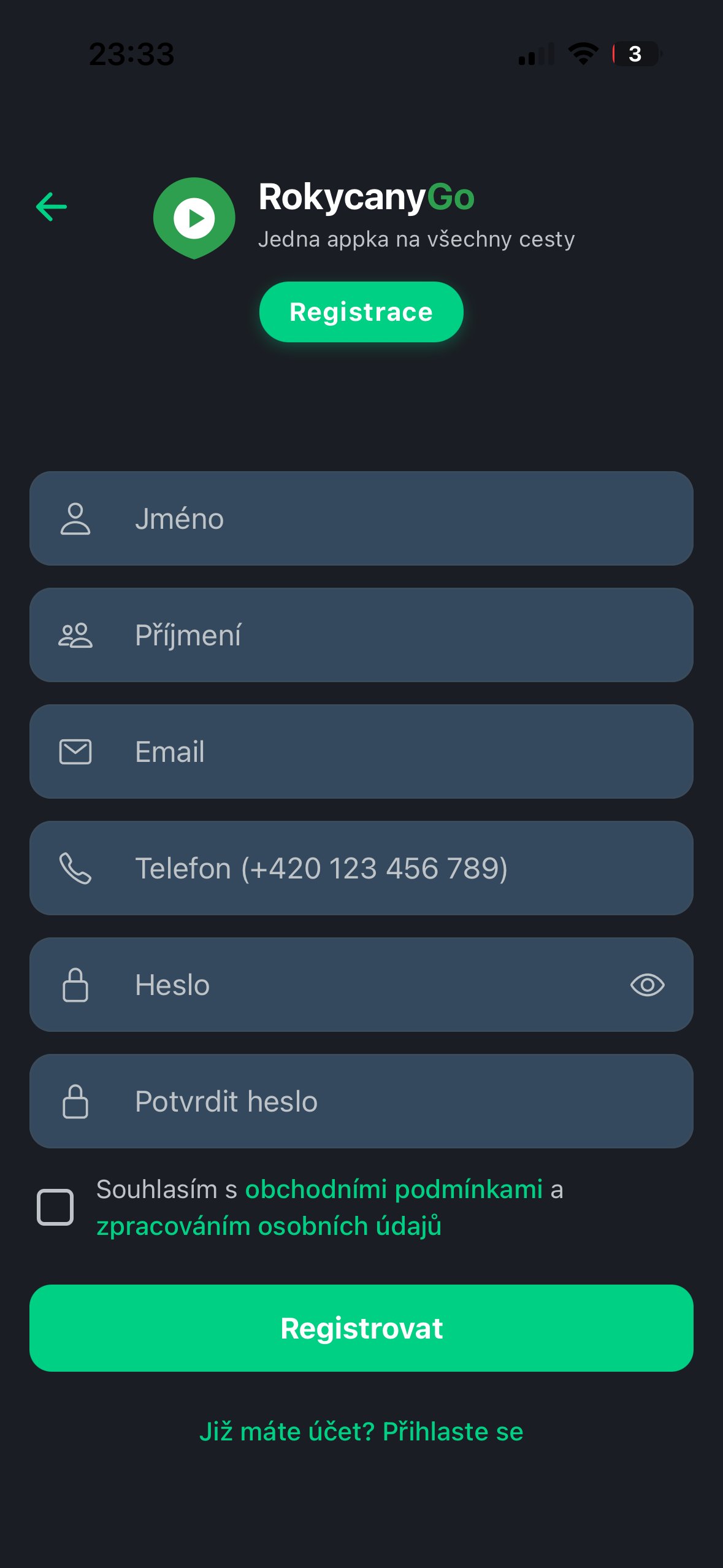 RokycanyGo – registrace nového uživatele