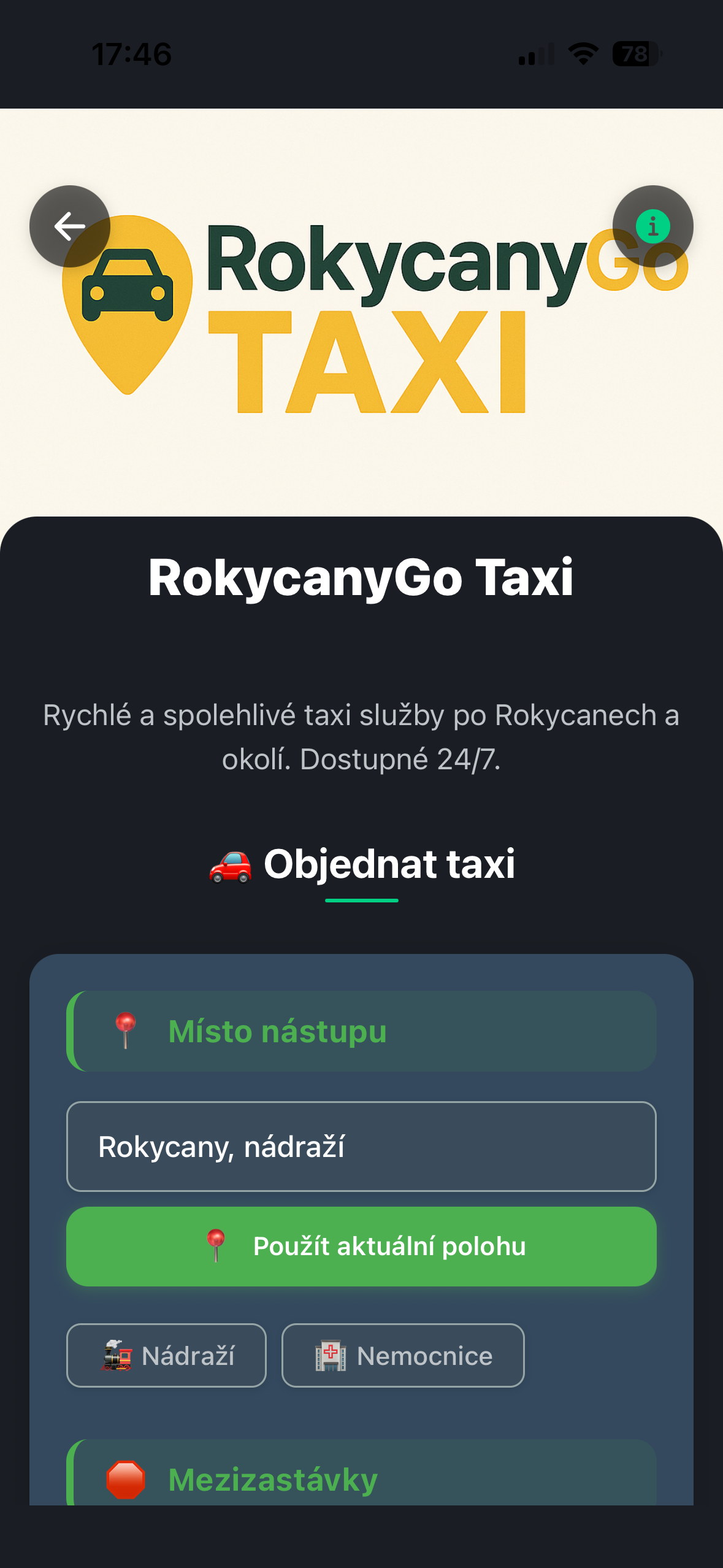 RokycanyGo – detail taxi služby a objednávka jízdy